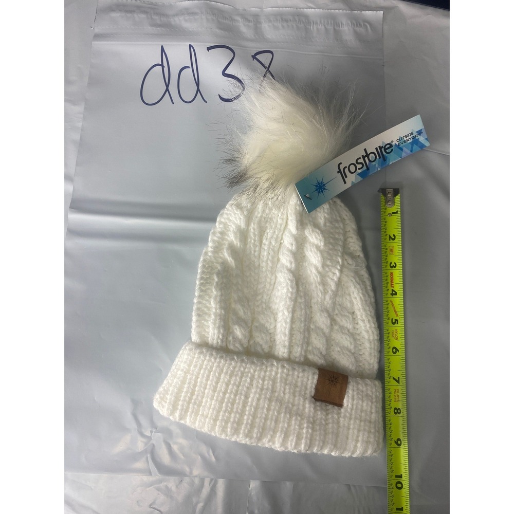 Frostfire White Cable Knit Beanie Hat Faux Fur Pom One Size NWT Winter